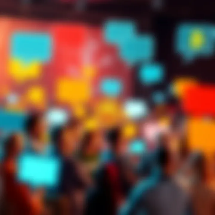 A vibrant online community discussing Bitcoin, with chat bubbles and cryptocurrency symbols.