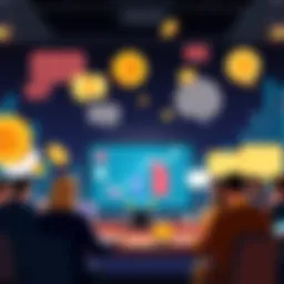 A graphic showing people discussing Bitcoin online with speech bubbles and charts, representing community engagement.