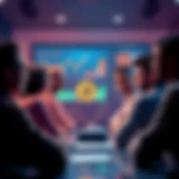 Bitcoin Discussion Graphic A diverse group of people discussing Bitcoin with charts and graphs on a screen