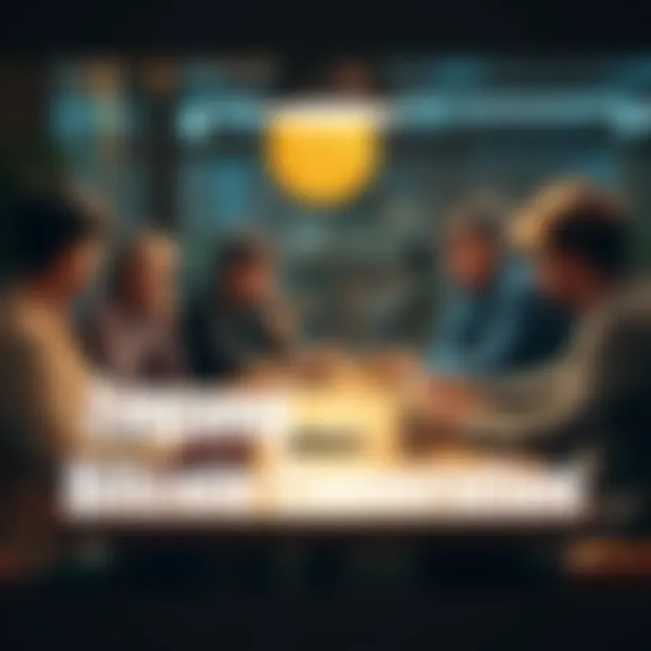 A group of people engaged in a lively discussion about Bitcoin, sharing ideas and asking questions around a table with laptops and coffee.