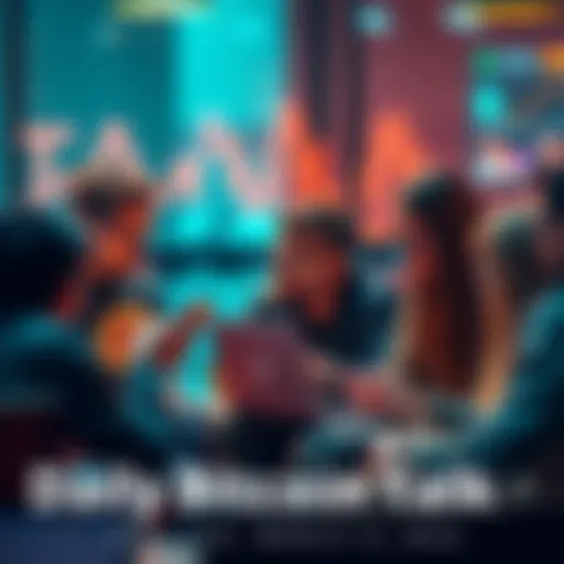 A group of people discussing Bitcoin with laptops and smartphones, sharing insights and asking questions.