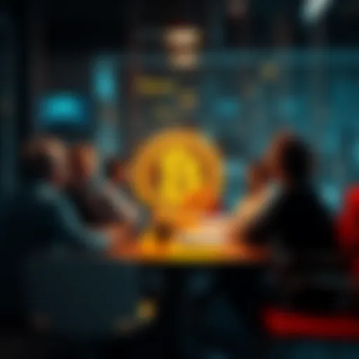 A group of people discussing Bitcoin at a table with laptops and notebooks