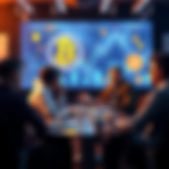 A group of people discussing Bitcoin in a virtual setting, sharing insights and asking questions, with crypto-related graphics in the background.