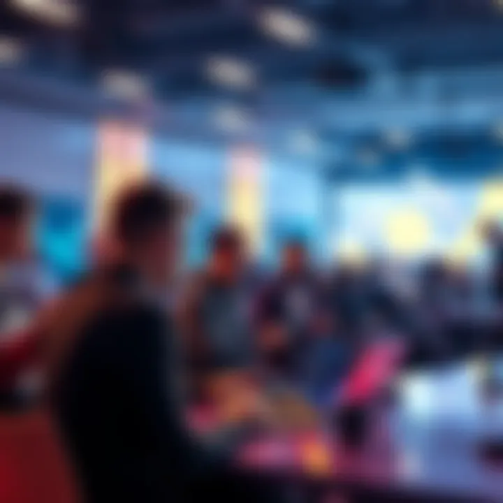 A group of people chatting about Bitcoin with laptops and smartphones in a bright forum setting.