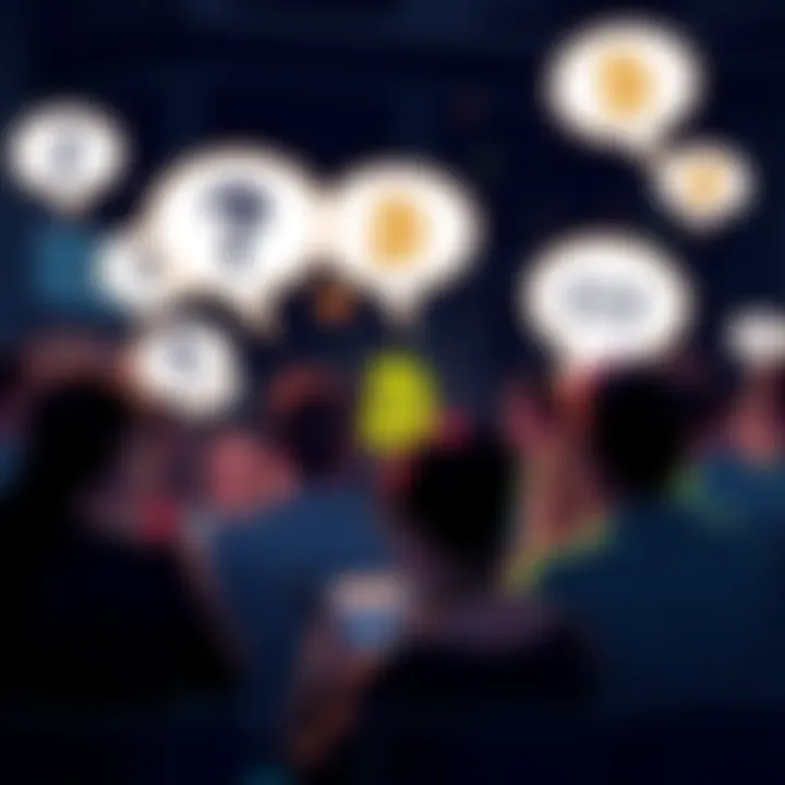 Participants engaging in a lively discussion about Bitcoin with speech bubbles depicting questions and insights.