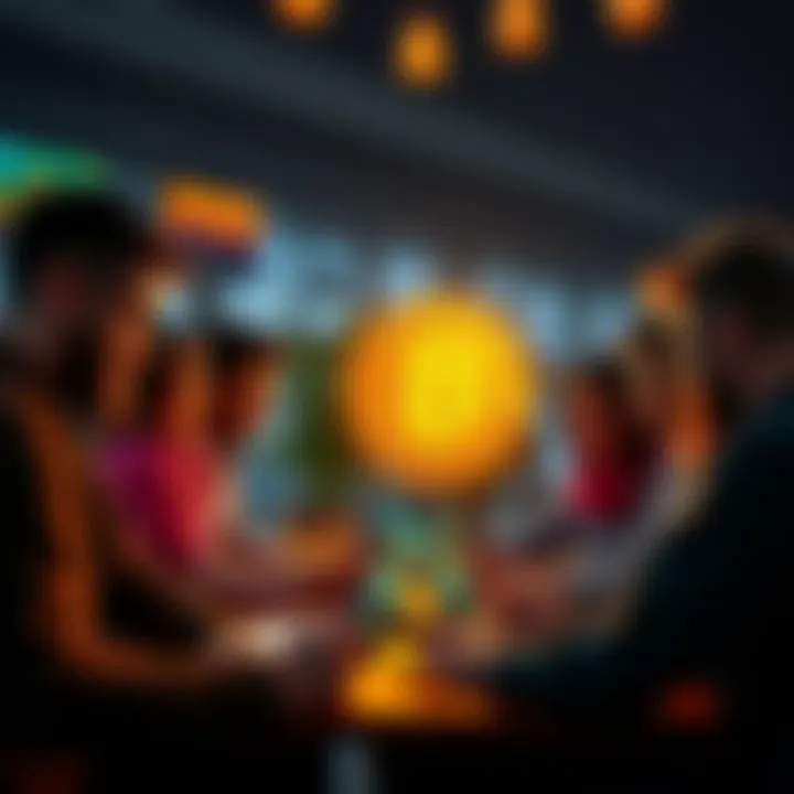A group of people engaged in lively discussion about Bitcoin with laptops and smartphones.