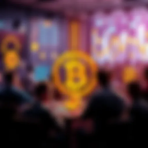 People chatting about Bitcoin in a forum setting with digital graphics of coins and technology around