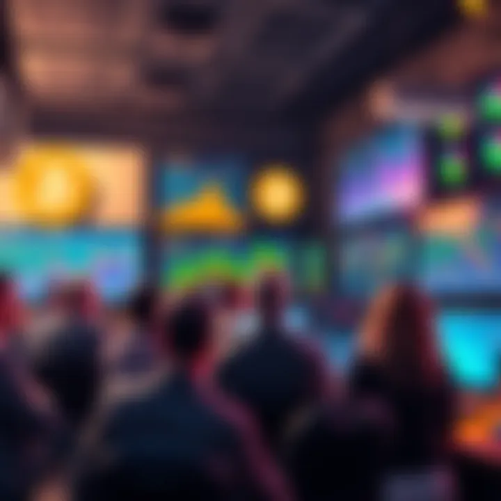 A group of people discussing Bitcoin with charts and graphs on screens in a lively setting.