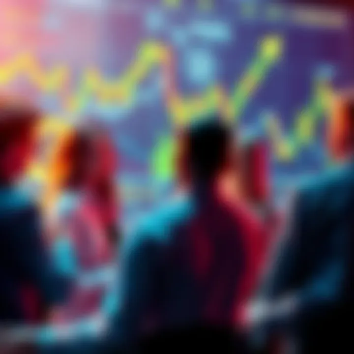 People engaging in a discussion about Bitcoin with charts and graphs in the background.