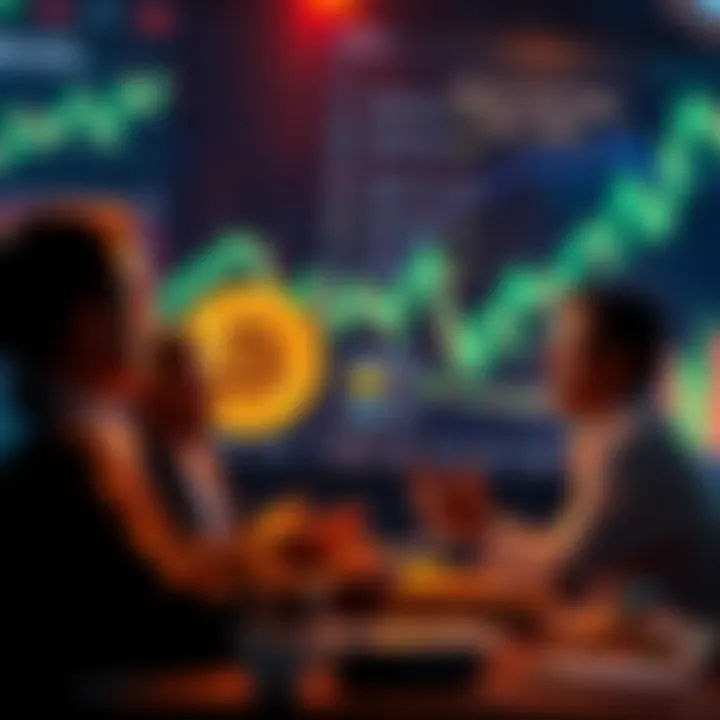 People debating Bitcoin's role in finance with charts and graphs in the background.