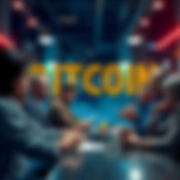 A group of people engaging in a conversation about Bitcoin, sharing questions and insights in a lively setting.