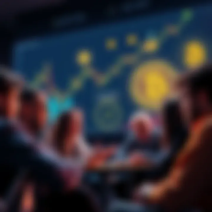 A group of people engaged in a discussion about Bitcoin, with charts and crypto symbols in the background.