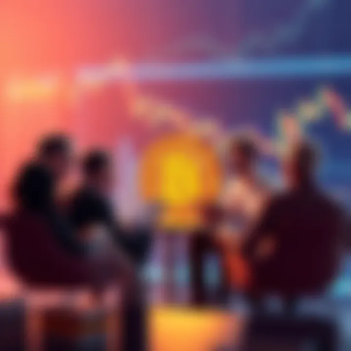 People discussing Bitcoin with charts and graphs in the background