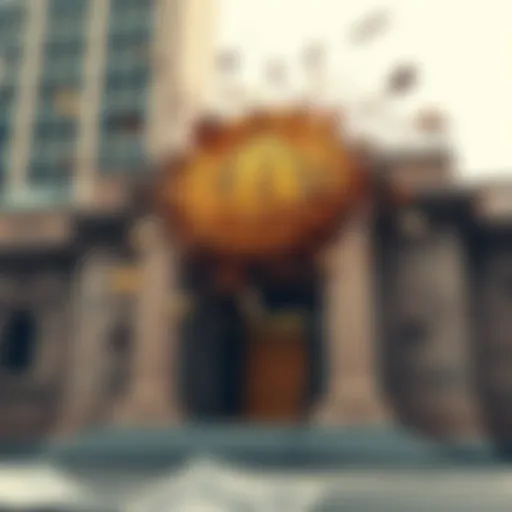 Bitcoin symbol clashing with traditional bank building
