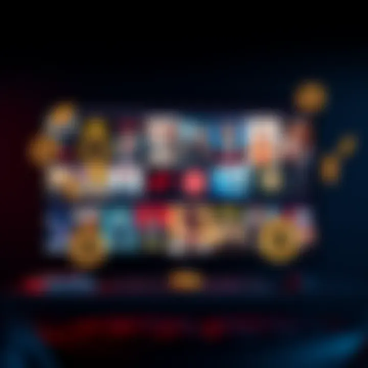 A collection of popular bitcoin documentaries displayed on a screen with cryptocurrency symbols around