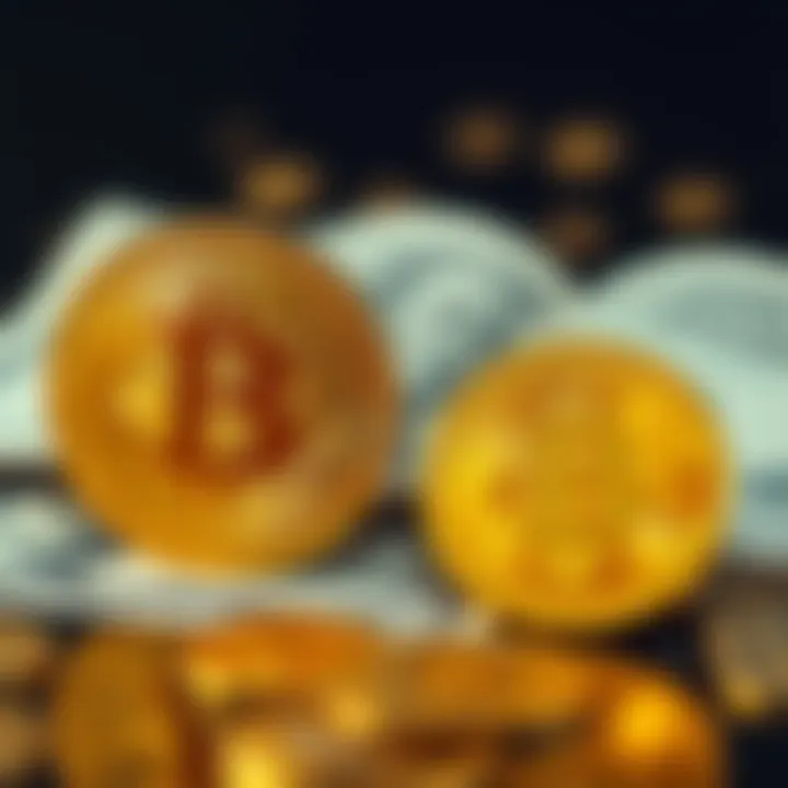 A visual comparison of Bitcoin and U.S. dollars, illustrating Bitcoin's divisibility and fixed supply against the dollar's sub-units.