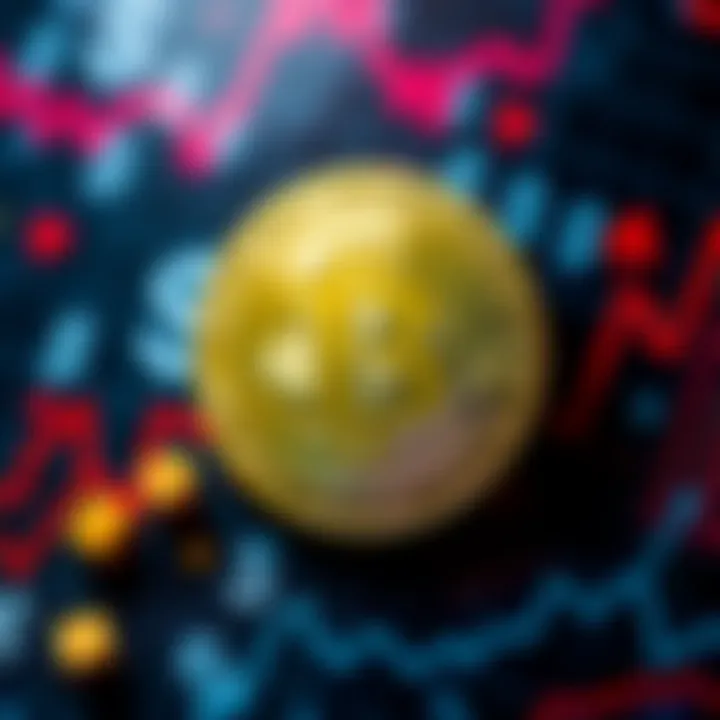 Bitcoin symbol with dollar signs and graphs showing economic trends