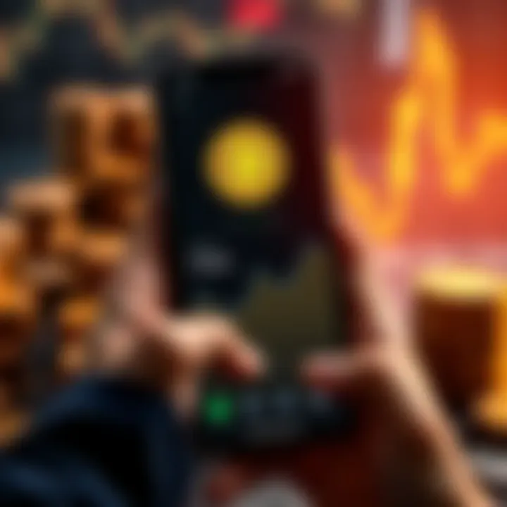 A person holding a smartphone displaying a Bitcoin wallet, with stacks of coins in the background symbolizing economic safety, during a market downturn.