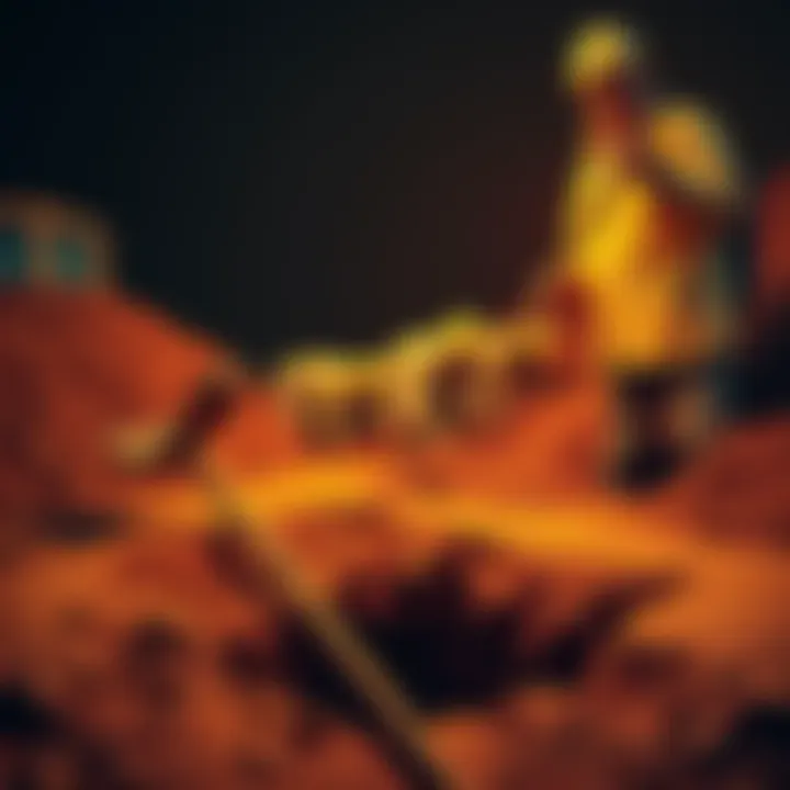 A person is digging a deep hole, while several others are seen filling another hole with dirt, symbolizing the energy waste of Bitcoin mining. The scene reflects the absurdity of the situation.