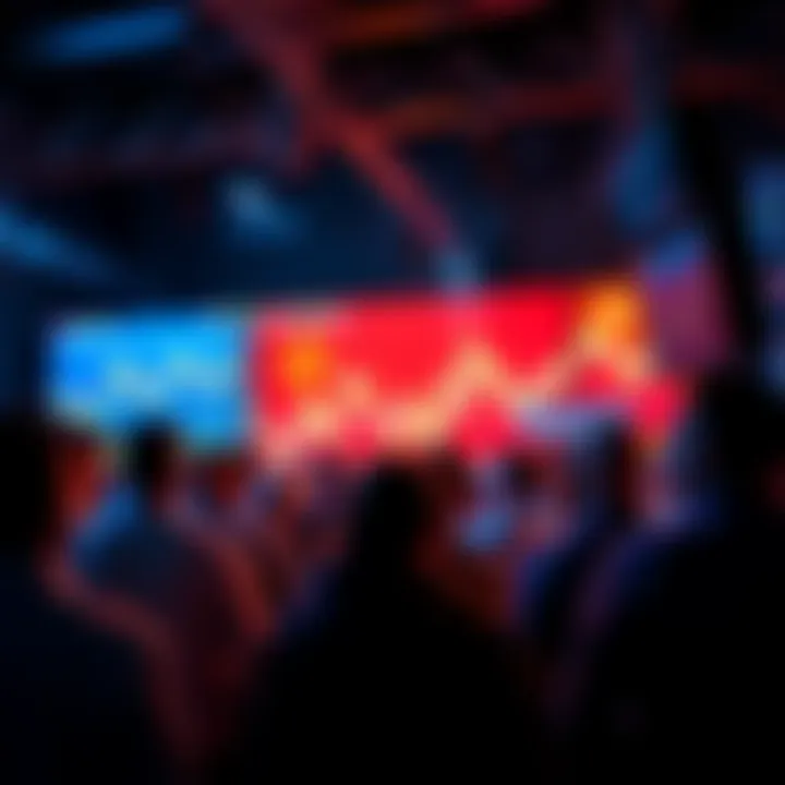Bitcoin enthusiasts following trends Group of people gathered around screens showing vivid charts and Bitcoin logos, reacting to the market