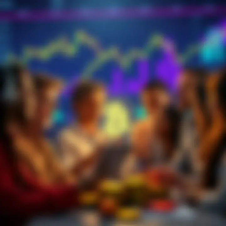 A group of diverse people discussing Bitcoin investment strategies, representing different financial backgrounds, with graphs and charts in the background.