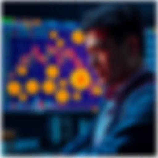 Individual reviewing investment strategy with charts and Bitcoin symbols around them
