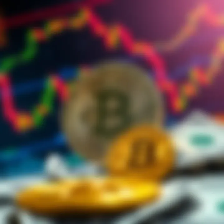 A visual representation of a large Bitcoin ETF trade with a background of fluctuating Bitcoin charts and dollar bills, highlighting market activity.