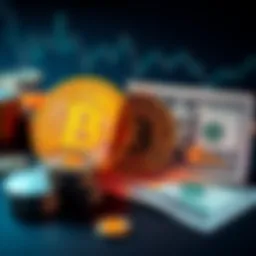 A split image showing Bitcoin coins on one side and traditional paper currency on the other, symbolizing the contrast between digital and fiat money.