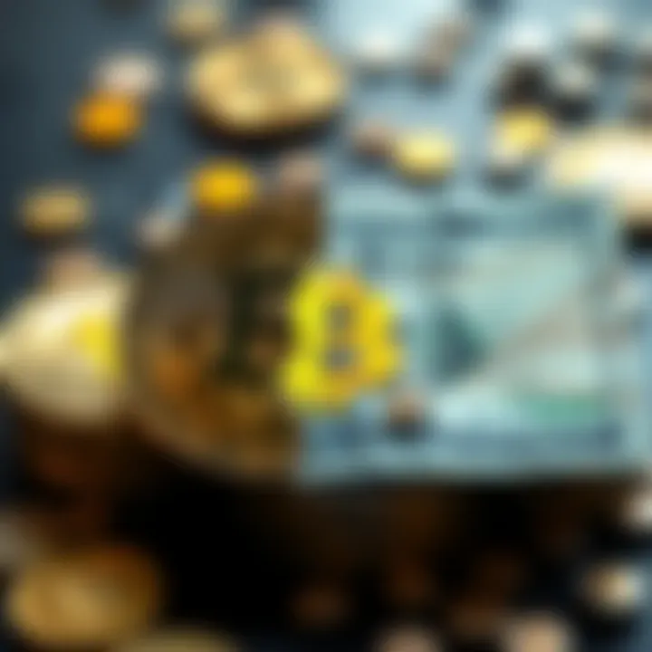 A split image showing Bitcoin on one side and traditional fiat currency on the other, illustrating the conflict between the two financial systems.