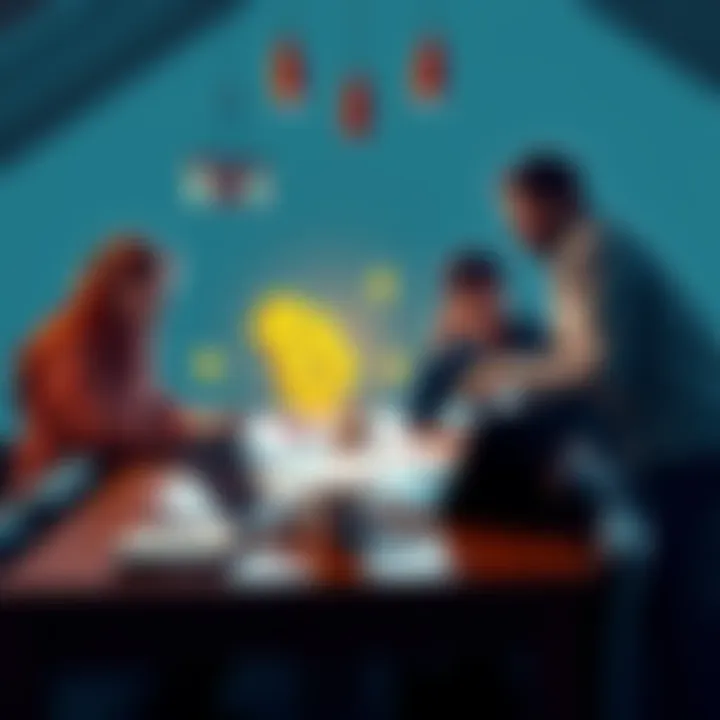 A family discussing Bitcoin investments around a table with laptops and documents