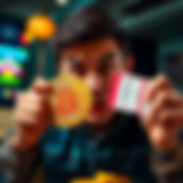 A person looking worried while holding a Bitcoin symbol and a losing betting ticket, representing the risks of gambling with cryptocurrency.