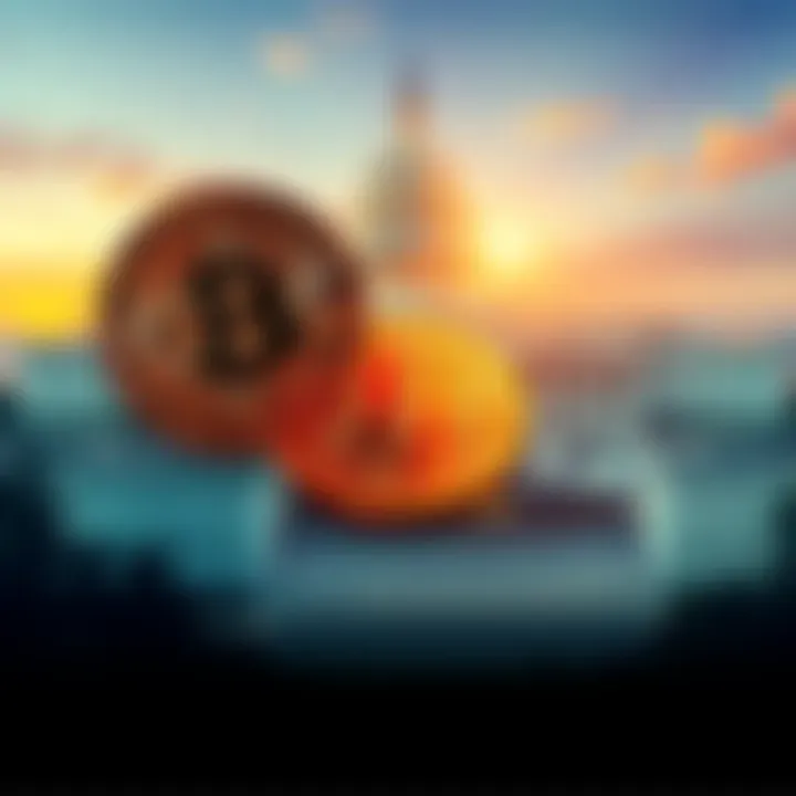 An illustration showing Bitcoin coins with a government building in the background, symbolizing regulatory control.