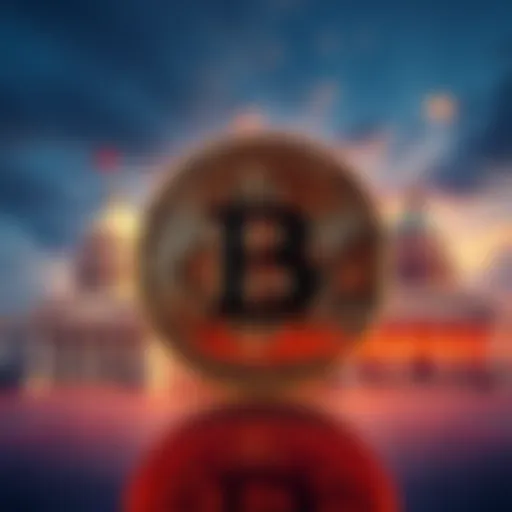 Bitcoin symbol in front of various government buildings representing regulation discussions