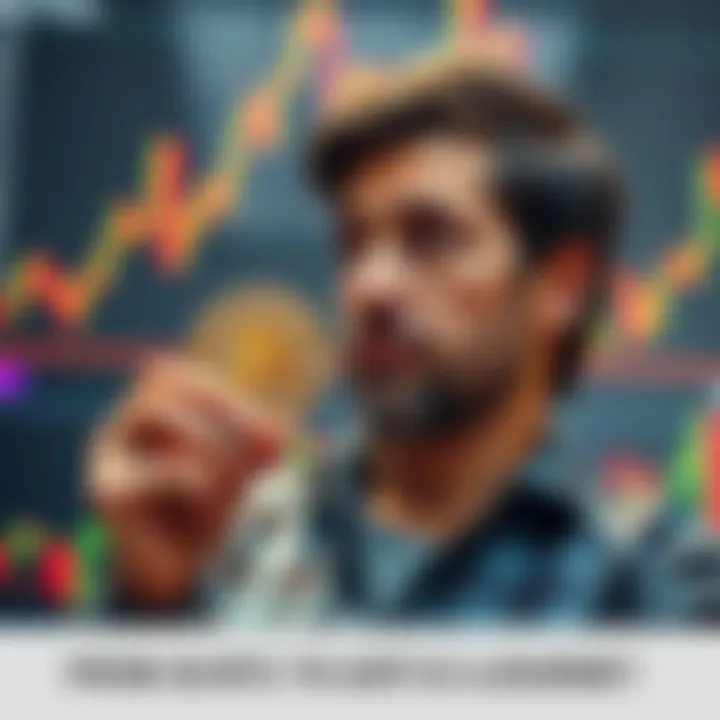 Bitcoin holder reflecting on investment journey A former Bitcoin holder looks thoughtful while holding two coins in hand, representing a loss from 36 BTC to 2.1 BTC, with a background of financial charts
