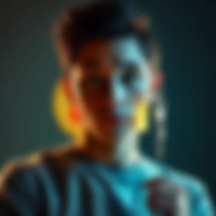 A young person contemplating between investing in Bitcoin and buying a house, with a split image showing a Bitcoin symbol and a house key.