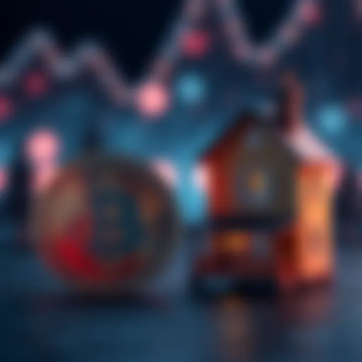 A Bitcoin symbol next to a small house representing the idea of exchanging Bitcoin for real estate.