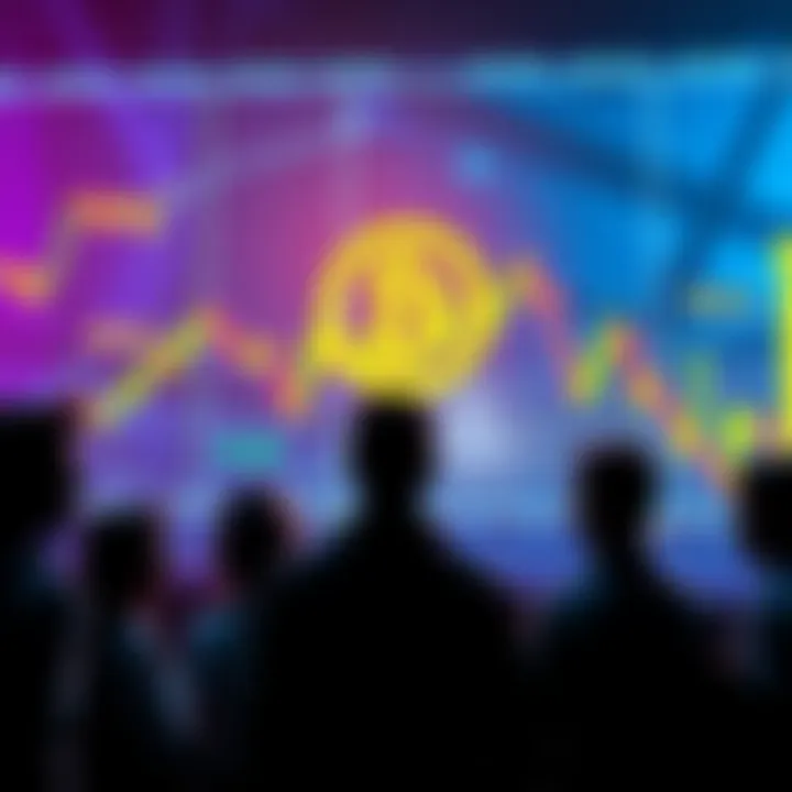 A group of people discussing Bitcoin with charts showing fluctuating market trends in the background, emphasizing misleading hype around cryptocurrency.