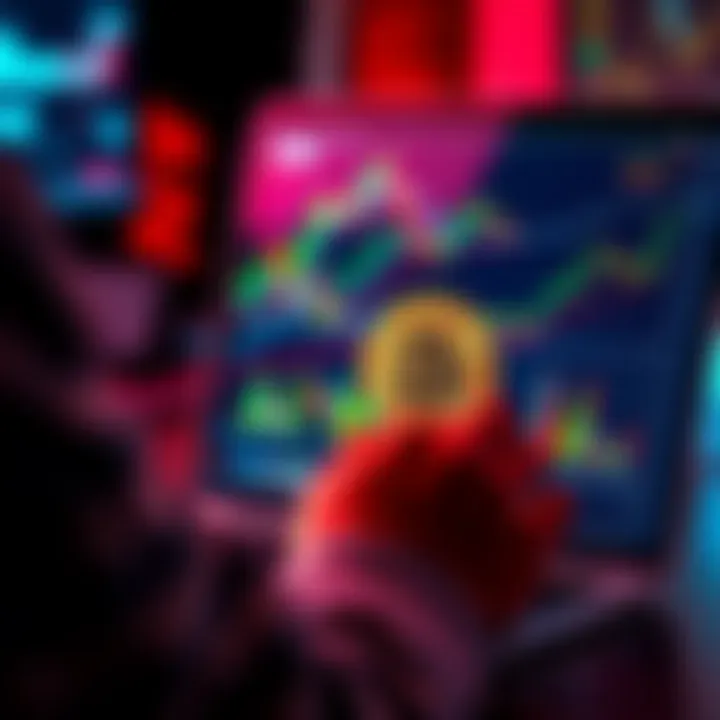 A person analyzing Bitcoin charts on a laptop with graphs showing growth. A Bitcoin symbol is in focus, representing potential investment.