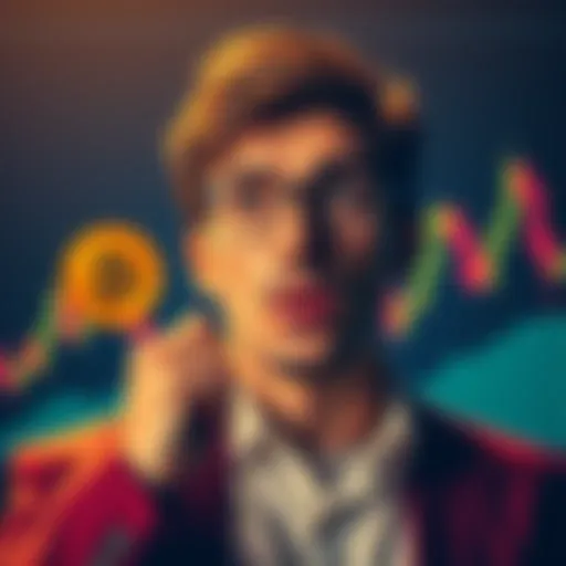 A person weighing options between using an emergency fund or saving for Bitcoin, with a thoughtful expression and a cryptocurrency chart in the background.