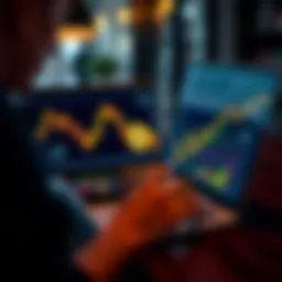 A person analyzing Bitcoin trends on a laptop with charts and graphs displayed