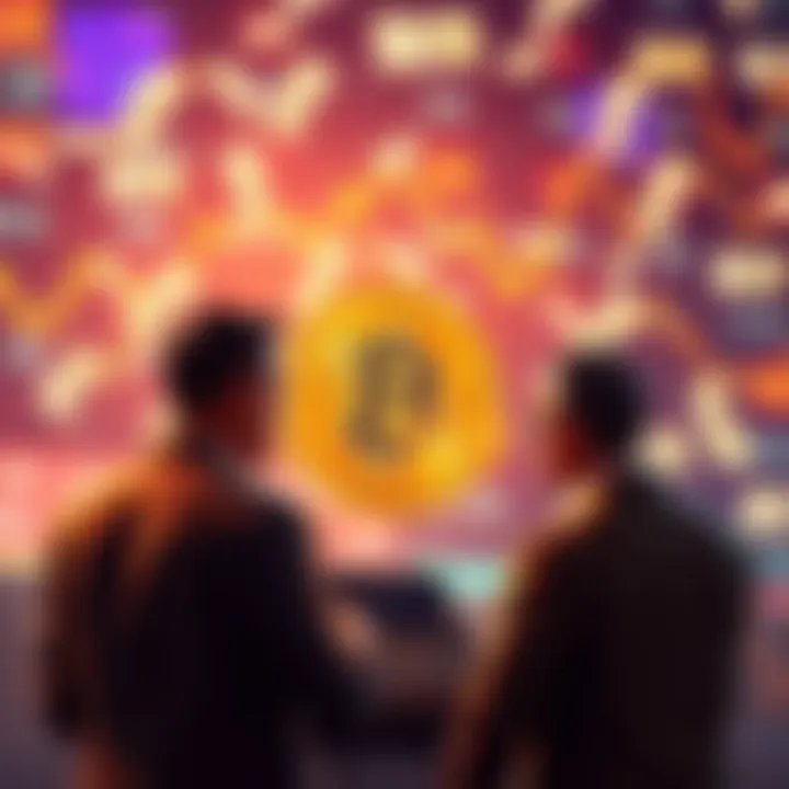 Bitcoin Investment Opportunity A group of investors discussing Bitcoin prices with a backdrop of fluctuating dollar bills, emphasizing the target of $40,000.
