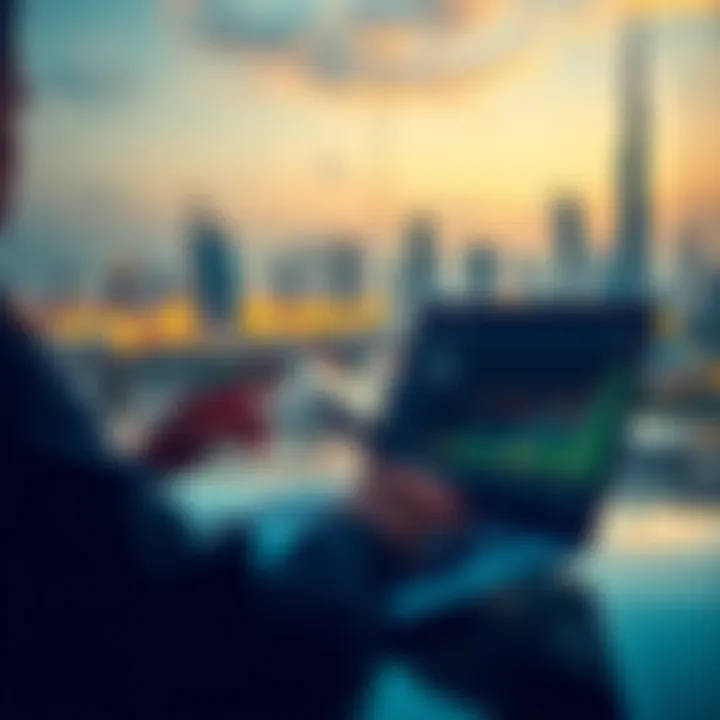 A beginner analyzing Bitcoin trends and graphs on a laptop with UAE skyline in the background
