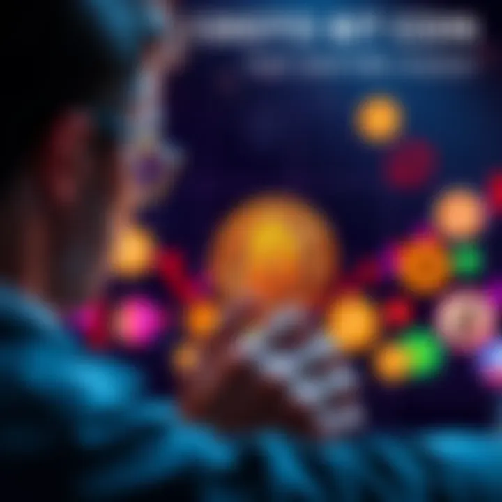 An investor looks at a Bitcoin chart showing rising value, surrounded by various altcoins that appear less appealing.