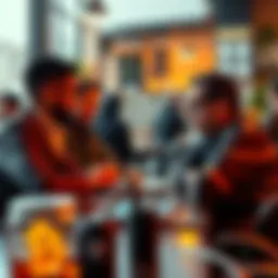 Group of Bitcoin investors discussing Cardano's DeFi solutions at a coffee shop