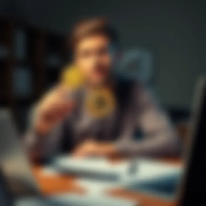 A person contemplating leaving their job for Bitcoin, holding a graphic of three Bitcoin coins in one hand, looking thoughtful while sitting at a desk with job-related papers.