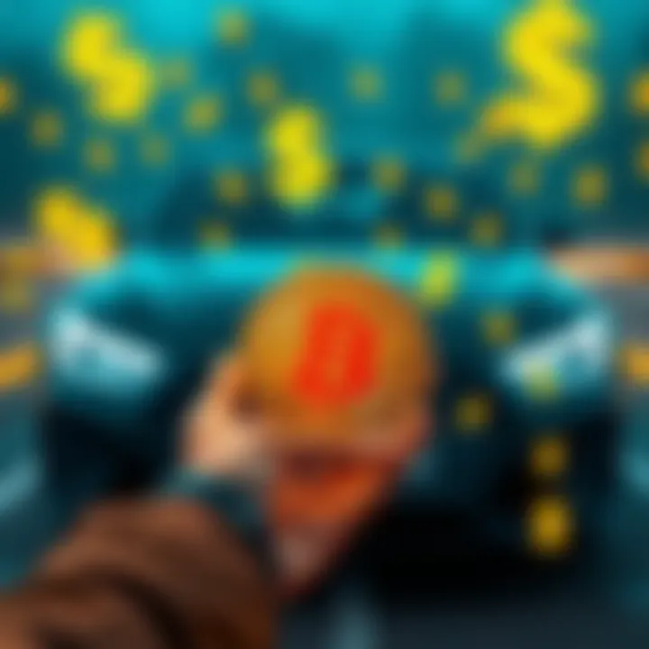 A person holding a Bitcoin symbol with a car in the background and dollar signs around, representing a personal financial journey.