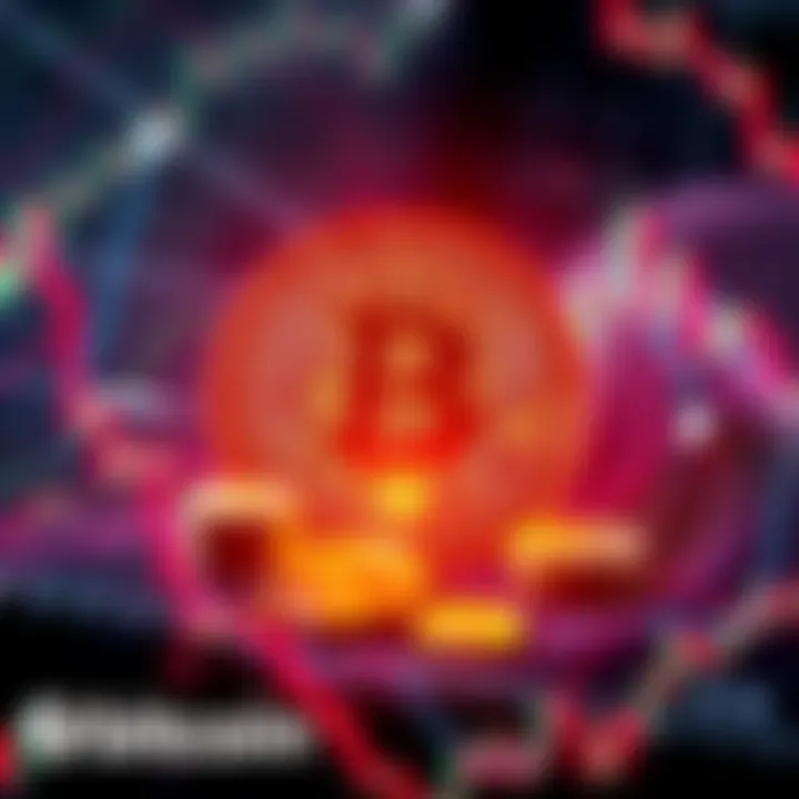 A visual representation of Bitcoin with rising and falling charts illustrating its volatility, and dollar signs symbolizing investment growth.