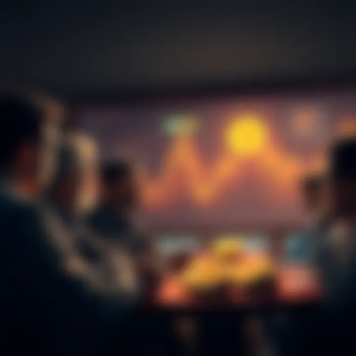 A group of people discussing Bitcoin with charts and graphs in the background