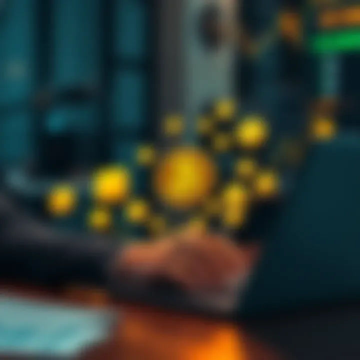 Bitcoin Lending Concept A person reviewing Bitcoin lending options on a laptop, with currency symbols and graphs around them.