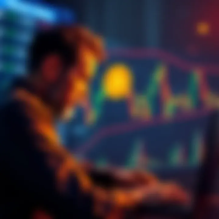 A frustrated investor looking at a falling Bitcoin chart on a screen, symbolizing loss and disappointment in a stagnant market.